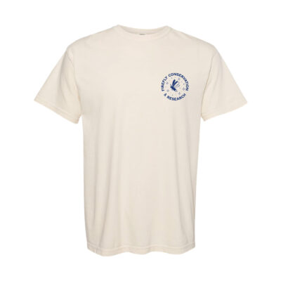 Show the front of the Ivory color Texas fireflies T-shirt with a circular logo that reads Firefly Conservation & Research and has a firefly in the middle.