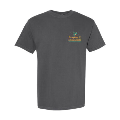 Shows the front of the Fireflies of the United States T-Shirt, where a emblem in the upper left chest reads "Fireflies of the United States" and a graphic of a firefly